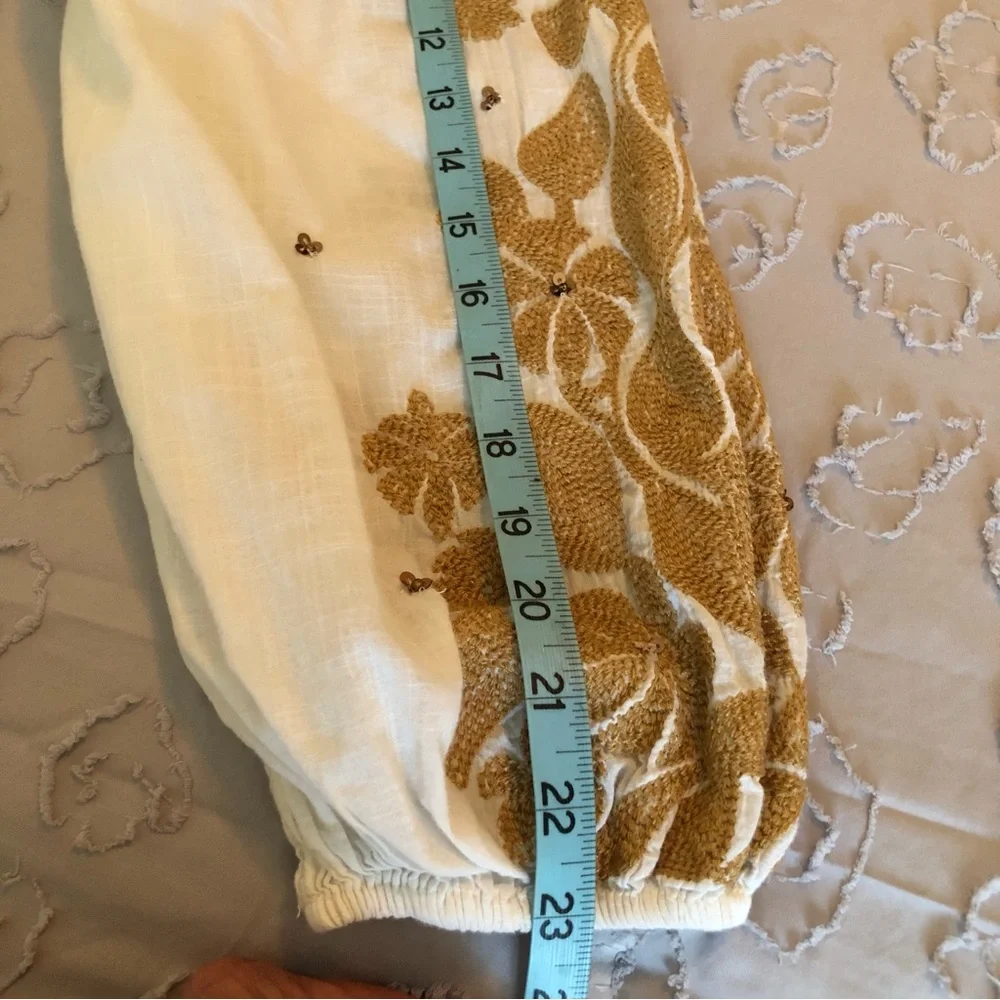 Anthropologie Cream and Brown Embroidered Blouse w/Embellishments Throughout